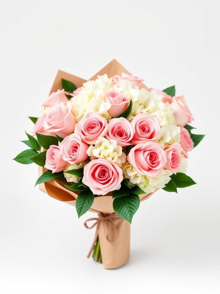 Classic Corporate bouquet with seasonal roses and hydrangeas in kraft paper wrapping — Front view