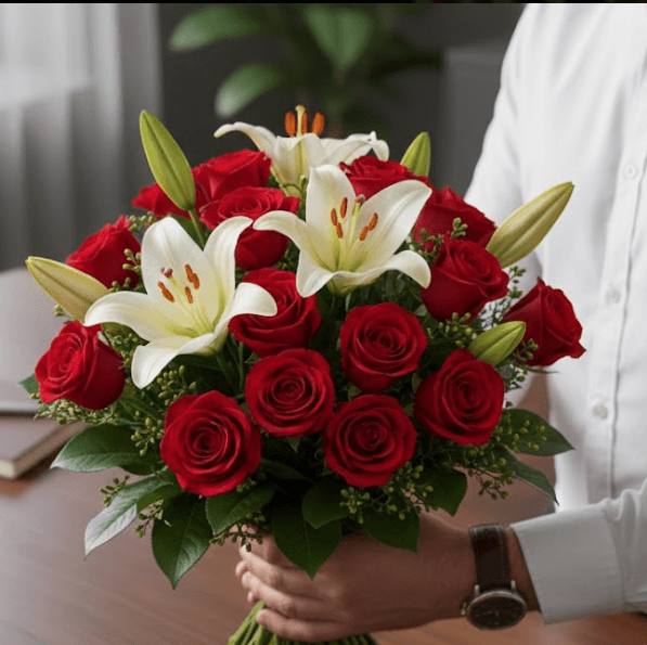Executive Statement luxury arrangement with lilies, roses and orchids in glass vase — Front view