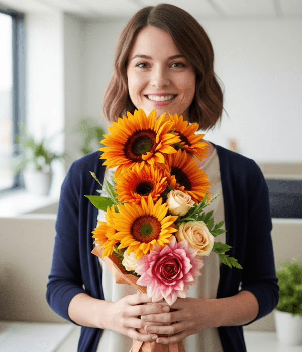 Premium Seasonal bouquet featuring vibrant seasonal flowers with elegant ribbon finish — Front view
