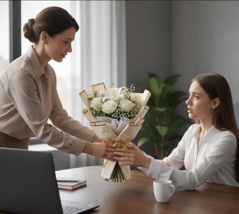 Sympathy White arrangement with all-white roses, lilies and chrysanthemums — Front view